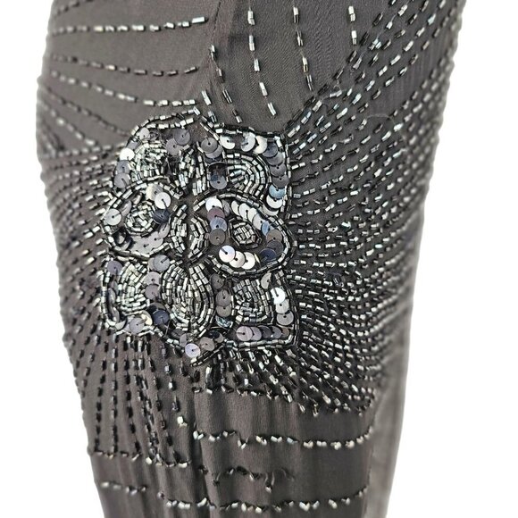 70s Oleg Cassini Black Silk Maxi Sheath Intricate Beading Open Back Womens Sz 6 - Picture 11 of 13